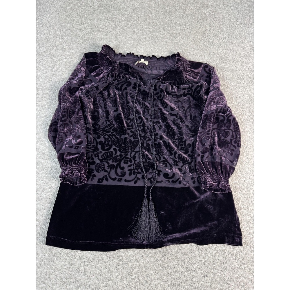 Sundance Blouse Womens XS Purple Velvet Burnout Floral Boho Tunic Top Tassel